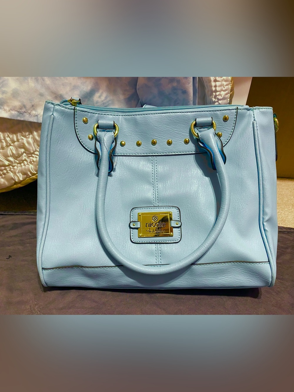 Nicole by Nicole Miller large blue gold purse handbag detachable shoulder strap